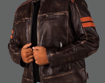 Rugged Distressed Leather Cafe Racer Jacket for Men – Brown Motorcycle Outerwear with Vintage Appeal and Timeless Biker Style