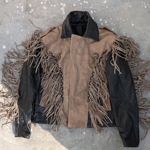 Handmade Men’s Western Fringe Jacket – Brown Suede with Black Leather Accents, Vintage Rodeo Cowboy Country Jacket – Genuine Leather Jacket