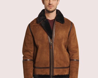 Mens Brown Shearling Suede Leather Jacket Men's Shearling Aviator B3 Bomber Leather Jacket Best Gift for Him Fur Collar Leather Jacket