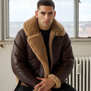 Handmade New Stylish Men B3 Bomber Aviator Shearling Fur Jacket | Real Sheepskin Shearling Fur Flying pilot Winter Brown RAF Jacket coat