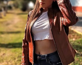 Women Brown Leather Biker Jacket - Women Leather Jacket - Motorcycle Jacket - Vintage Jacket - Sheepskin Jacket - Gift for Her