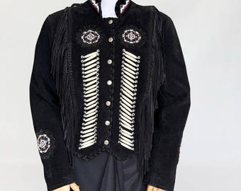 Women’s Black Suede Fringe Jacket with Beads – Western Cowgirl jacket, Boho Festival Wear, Native Style Embroidered Jacket