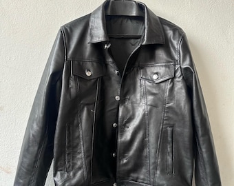 Handmade Mens Black Leather Jacket, Medium size Genuine Leather Trucker Jacket