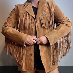 Womens Brown Leather Suede Fringe Jacket – Western Boho Cowgirl, Vintage Rodeo Outfit, Country Concert Wear, Retro 70s Festival Jacket