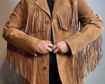 Womens Brown Leather Suede Fringe Jacket – Western Boho Cowgirl, Vintage Rodeo Outfit, Country Concert Wear, Retro 70s Festival Jacket