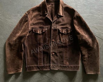 Męska brązowa zamszowa kurtka trucker, brązowa kurtka zamszowa, męska skórzana kurtka, kurtka koszulowa Scully, koszula zamszowa, brązowa skórzana kurtka, męska kurtka