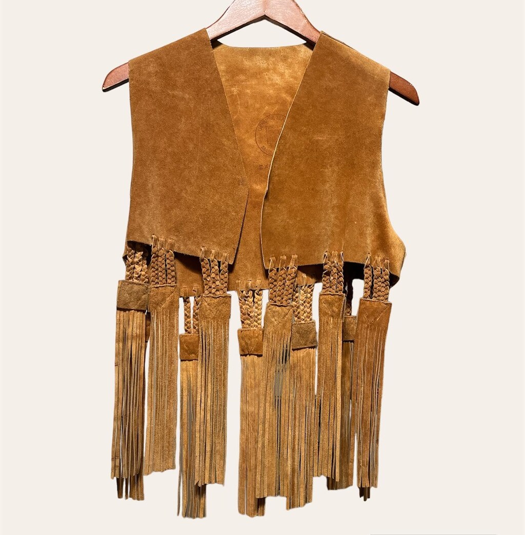 Gilet Uomo In Pelle Scamosciata Con Frange - Stile Hippie Anni '70 Per Festival E Cowboy