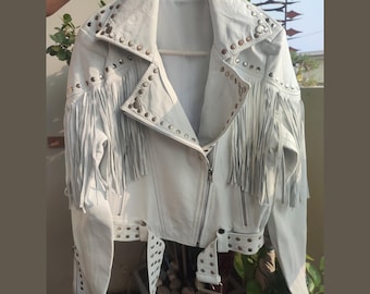 Women White Leather Fringe Jacket, Western Jacket, White Leather Jacket, Fringed Jacket, Western jacket, Women Jacket, Gift for her