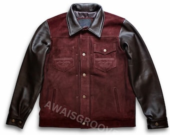 Mens Maroon Suede Leather SHIRT | Slim Fit TRUCKER Style Suede Shirt | Cowboy Suede Jacket With Pocket | Celebrity Suede Shirt
