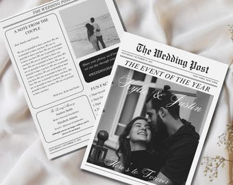 Programa de periódico de bodas Plantilla de programa de boda de periódico Newlywed Times Programa de periódico de bodas editable Periódico de bodas plegado