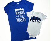 Matching mom baby clothes, women's wanderlust royal blue bamboo t-shirt, baby bodysuit with plaid bear applique, mommy and me matching set