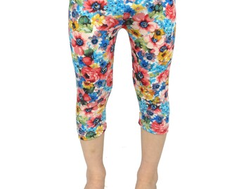 Floral legging capri, vêtements d’été les filles, bleu, moutarde, leggings enfant recadrée, prêts à être expédié, 2 t 3 t 4 t 5 t xs