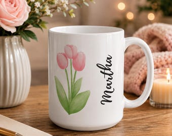Personalized Watercolor Tulip Mug, Custom Name Coffee Cup, Spring Gift for Her
