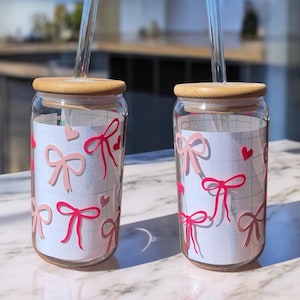 16 oz Bow Coffee Glass, Cute Pink Bow Glass, Iced Coffee Lovers, Cold Drink Glass, Pink Bow Love, Cute Girly Gifts, Summer Drink Favorites