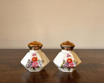 Vintage Japan Porcelain Salt & Pepper Shakers Floral Gold Accent Hexagon Set