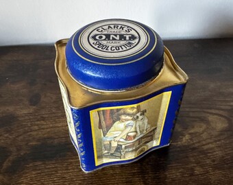 Vintage Clark’s O.N.T. Spool Cotton Tin | Small Blue Advertising Sewing Tin | Victorian Child Illustration | Collectible Storage Box