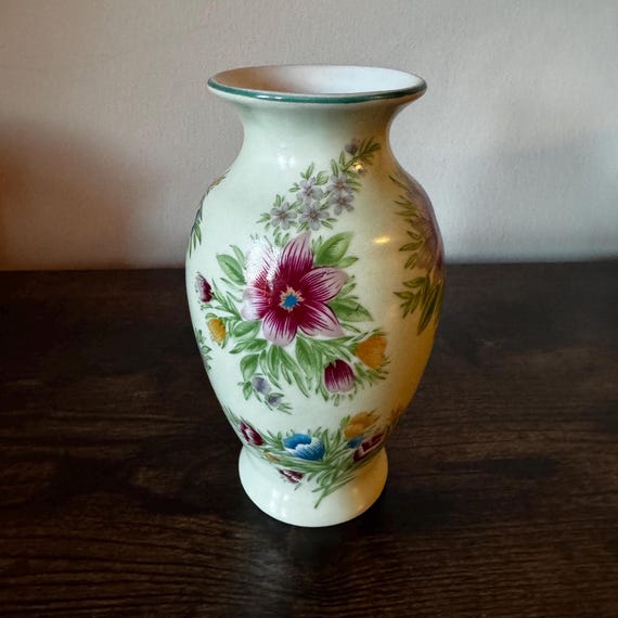 Vintage Floral Glazed Porcelain Vase | Hand-Painted Style Flowers