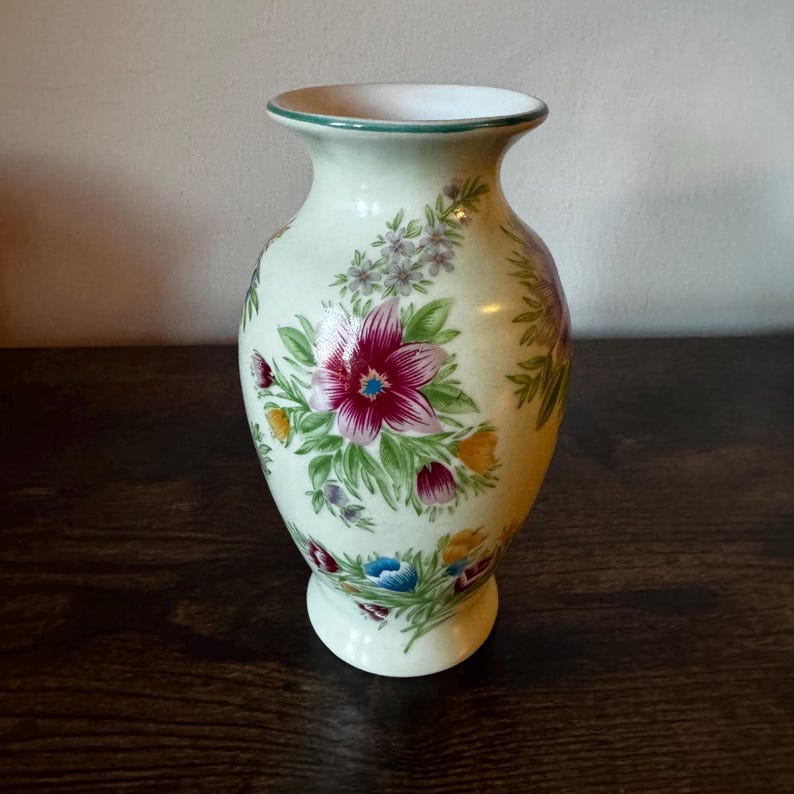 Vintage Floral Glazed Porcelain Vase | Hand-Painted Style Flowers image 1