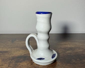 Vintage Williamsburg Pottery Salt-Glazed Stoneware Candle Holder with Cobalt Blue Accents