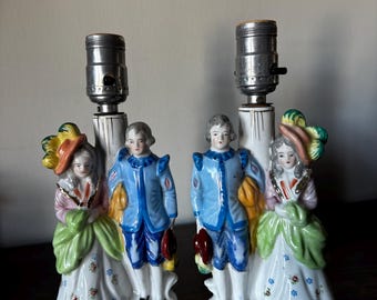 Vintage Porcelain Couple Figurine Table Lamps – Victorian Style Hand-Painted Bases – Matching Pair