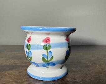 Vintage Hand-Painted Ceramic Candle Holder • Pink Florals with Blue Stripes • Cottagecore Spring Decor