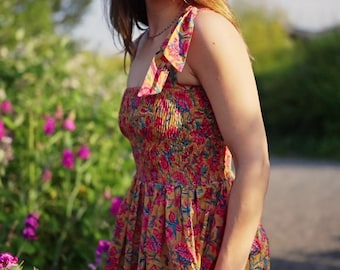 Smocked Cotton Maxi Dress,  Laurel dress in Fuchsia Grove, Boho Summer Dress, Handmade Floral Dress
