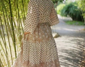 Boho Cotton Maxi Dress, Satya Dress in Desert Bloom, Hand Block Printed, Tiered Flowy Dress