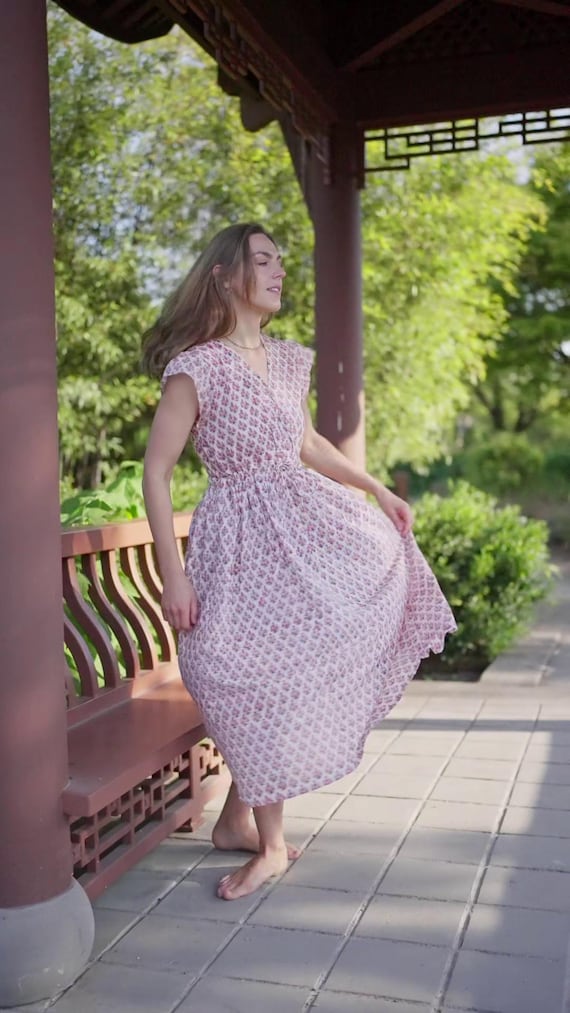 Handmade Block Printed Cotton Midi Dress, Pink Rose Floral, Summer Dress