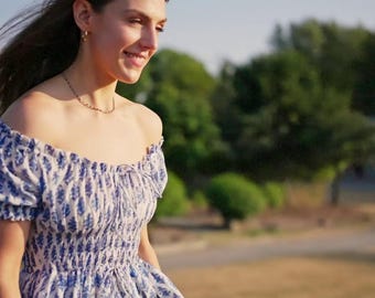 Handmade Cotton Summer Dress, Amala dress in Lapis Bloom, Block Print, Floral dress, Romantic Cottagecore Style