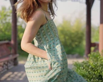 Handmade Cotton Maxi Dress, RAYA in Lotus Pond Print, Block Printed, Boho Floral Tiered Dress