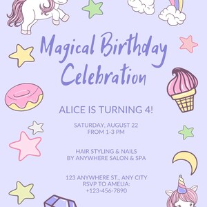 Invito alla festa di compleanno di un unicorno magico