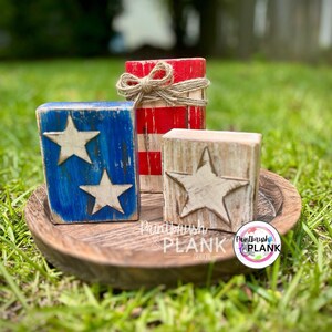 Patriotic wood block decor set of three, shelf sitter, original hand painted blocks