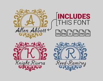 May include: A set of monogram designs in gold, red, and blue, each with a letter inside a floral frame. The designs include the names "Allen Abbott", "Knight Rivera", and "Reed-Ramirez". The text "INCLUDES THIS FONT" is also present.