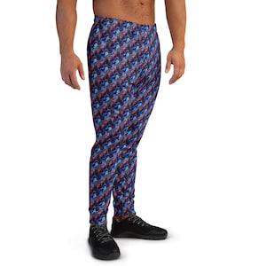 Joggers met abstract patroon voor heren, gewaagde rode blauwe print, all-over kunstbroek, unieke artistieke streetwear, loungewear voor herenstijl
