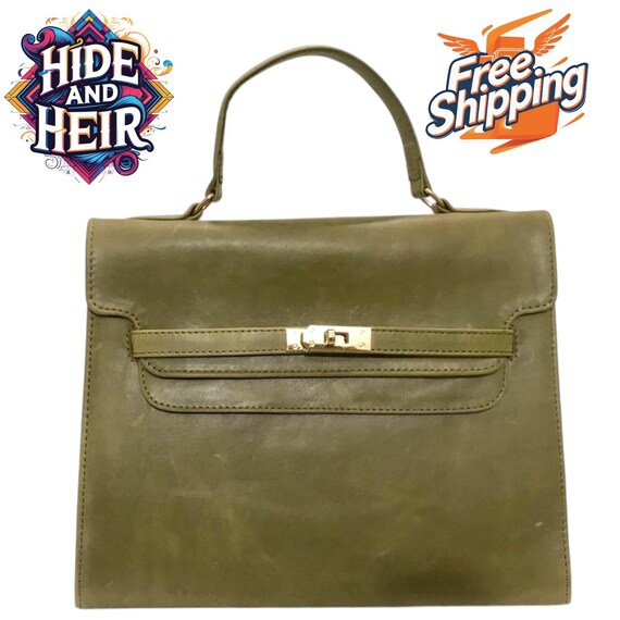 Vintage Olive Green Leather Handbag – Gold Lock Closure, Stylish Tote