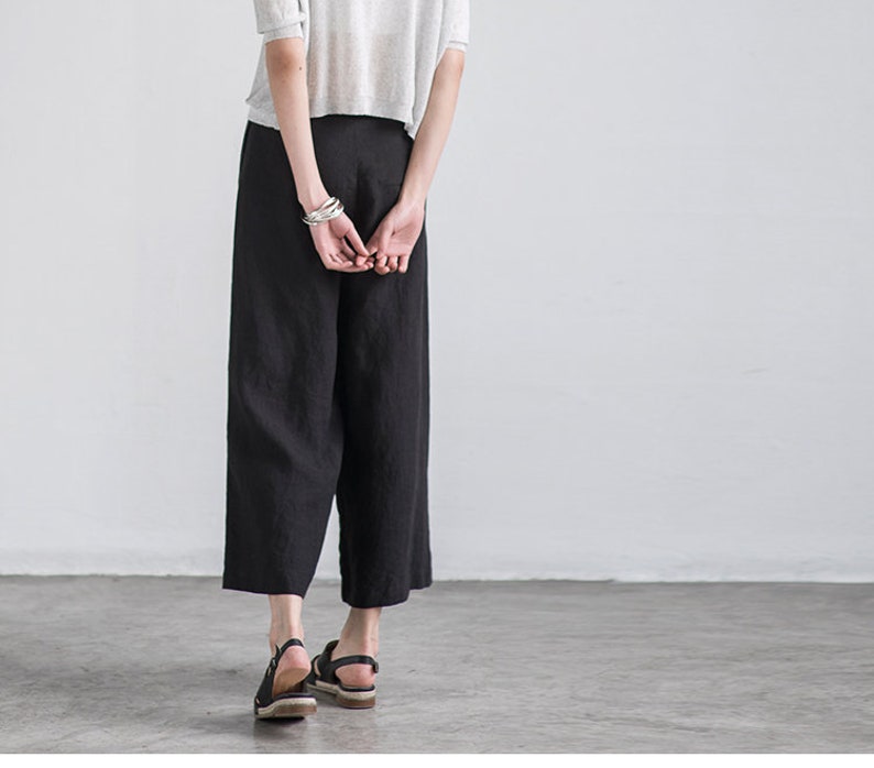 Women's /elastic Back Waist /linen Wide Leg Crop Pants/culottes /ankle ...