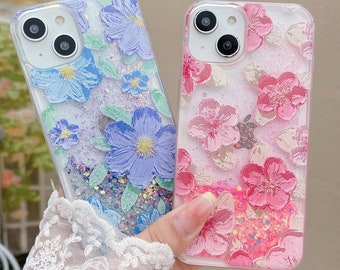 3D Flowers/Sakura/Glitter Samsung Galaxy Luminous Case S24/23/Quicksand Liquid Gel Hybrid Glitter Sparkle/iPhone 15/ Buy One Get One Free