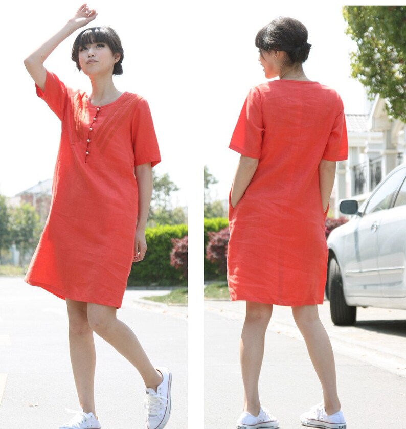 Leisure Style Linen Long Shirt Dress With Silver Buttons/ 20 Colors