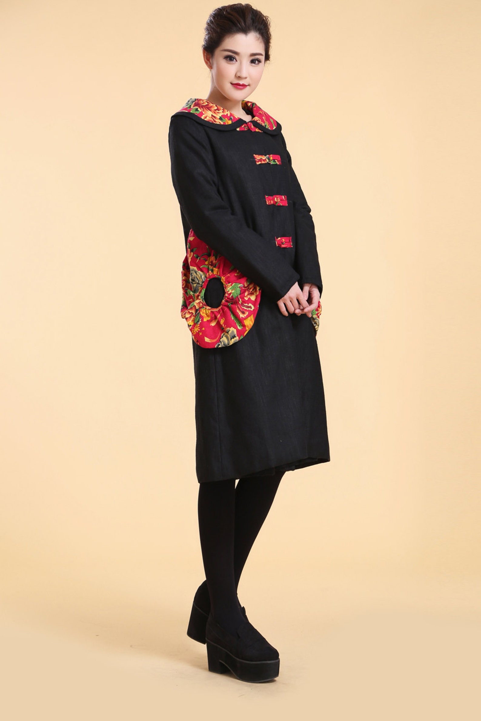 Chinese Style Lovely Cotton Padded Linen Long Winter Coat With Etsy