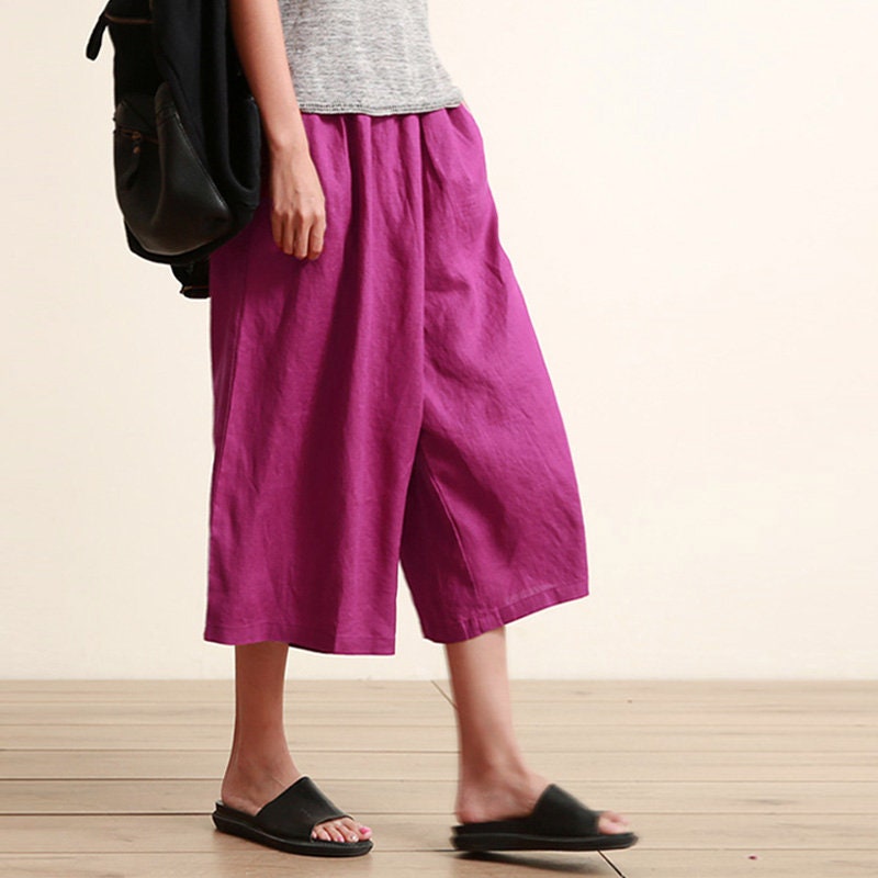 Women's /culottes/elastic Waist Linen Wide-legs Pants With Pockets/any ...