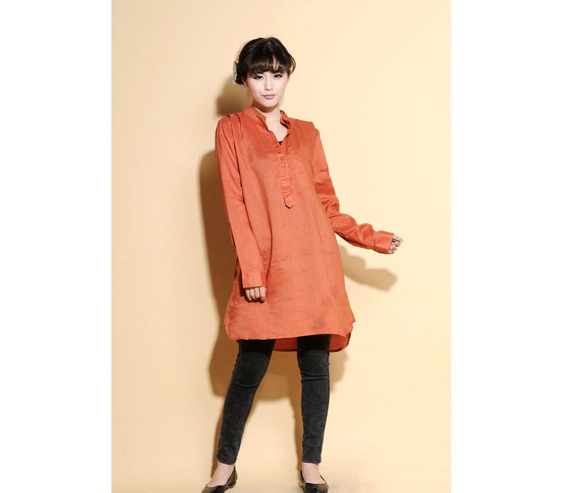 Simple and Elegant Linen Shirt Dress With Two Layers Collar/ Any Size