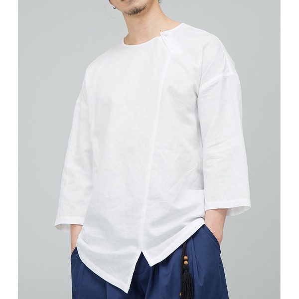 Alian Style  Asymmetrical Linen Men's Shirt with 3/4Sleeve/ Handmade button/ 12 Colors / ANY SIZE/ RAMIES