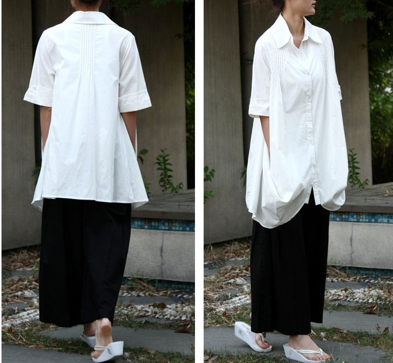 Pleated Linen Long Blouse with 1/2 Sleeves/ 25 Colors/ RAMIES image 1