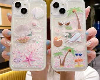 Coque Samsung Galaxy 3D/coquillages/perle/étoile de mer/plage/paillettes/23/Quicksand Gel liquide hybride scintillant scintillant/iPhone 15/achat d'un produit, offre un produit