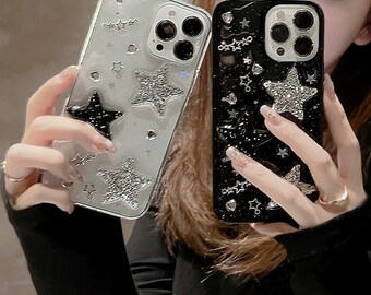 Diamond iPhone 15/14/13 case Holographic Glitter Flakes Shiny  Hearts and Stars Resined Soft TPU Cover/ Plus X 12 Max/Buy One Get One Free