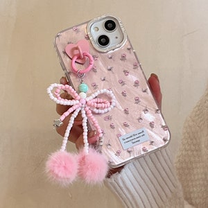 Lovely iPhone 15/14/13/12/MAX case/Flowers/Shiny Lase White/Pink TPU Cover with beads Bow Chain/Beads/Heart/Cute/Gift/ image 1
