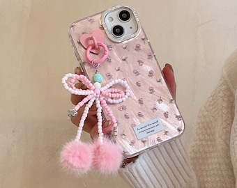 Lovely iPhone 15/14/13/12/MAX case/Flowers/Shiny Lase White/Pink TPU Cover with beads Bow Chain/Beads/Heart/Cute/Gift/