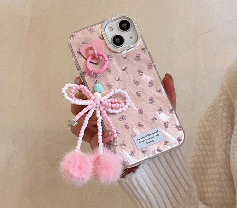 Lovely iPhone 15/14/13/12/MAX case/Flowers/Shiny Lase White/Pink TPU Cover with beads Bow Chain/Beads/Heart/Cute/Gift/ image 1