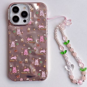 Lovely iPhone 15/14/13/12/MAX case/Cute Bunnies/Rabbits/Flowers/Trees/Shiny Lase White/Pink TPU Cover with Beads Phone Chain image 1