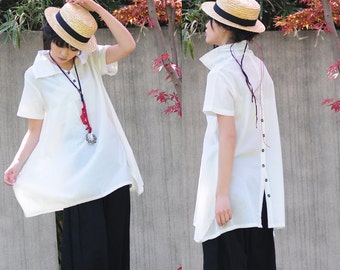 Flower Bud Long Linen Blouse with Decorative Buttons in Back/ Any Size/ 18 Colors/ RAMIES